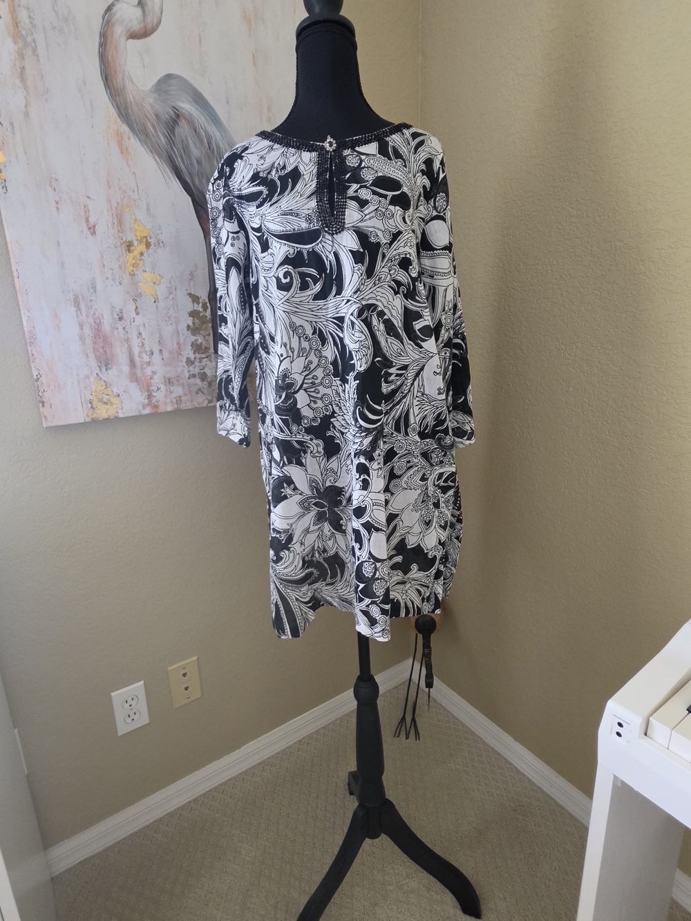 Talbots Black and White Floral 3/4  Sleeve Shift Dress